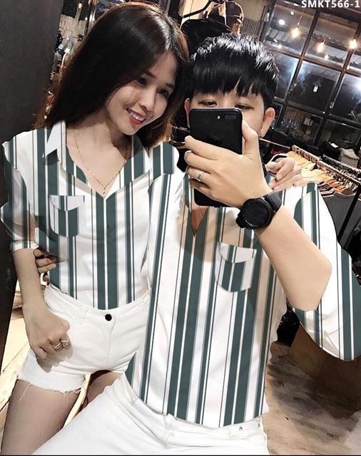 Áo sơ mi cặp sọc đứng trắng phối màu đẹp cao cấp