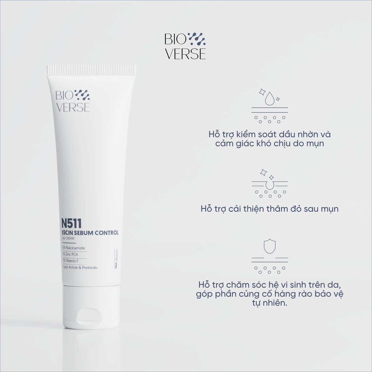 Gel dưỡng ẩm N511 Escin Sebum Control Gel Cream Bioverse hỗ trợ kiểm soát dầu nhờn, làm dịu vùng mụn cho da 45ml