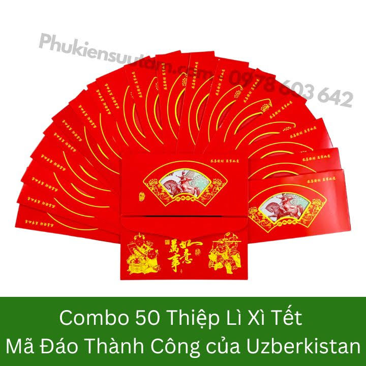 Combo 50 Thiệp Lì Xì Tết Mã Đáo Thành Công Của Uzberkistan, kích thước: 20cmx10cm, màu đỏ - SP005879