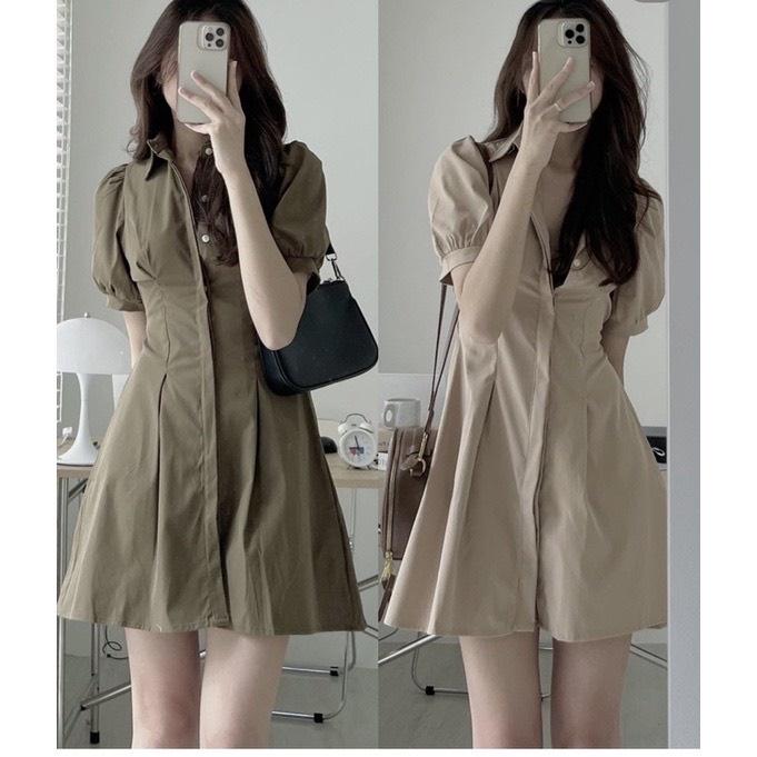 VÁY ĐẦM KAKI CỔ ĐỨC DẤU KHUY TAY BỒNG CHUN LƯNG CHIẾT EO SIÊU XINH