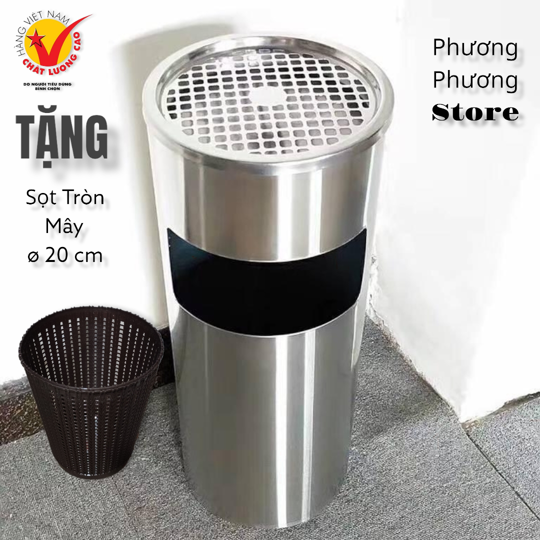 Thùng rác inox tròn A 35, thùng rác inox gạt tàn tròn ( Tặng sọt tròn mây )