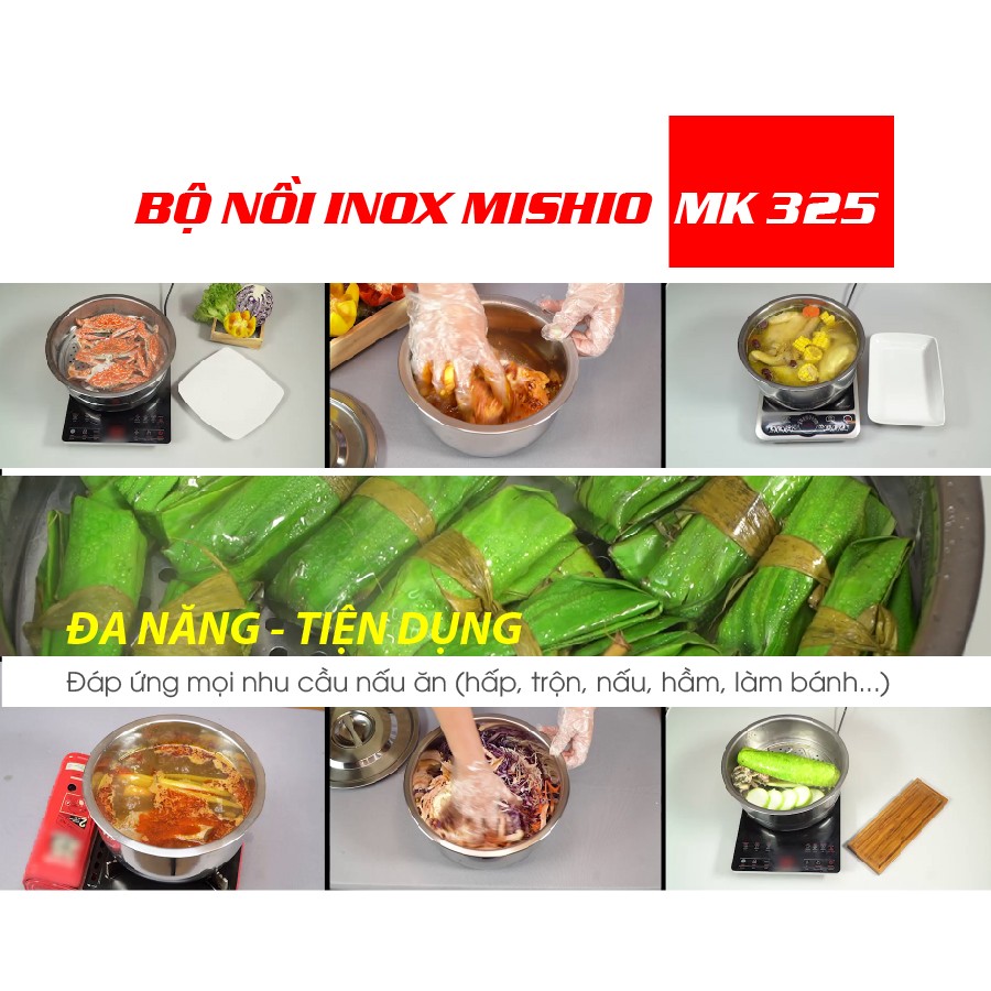 Bộ 07 Nồi Inox Đa Năng Mishio MK 325 (Inox 410) Gồm 7 Nồi + Kèm 01 Xửng Hấp - Sử Dụng Cho Mọi Loại Bếp