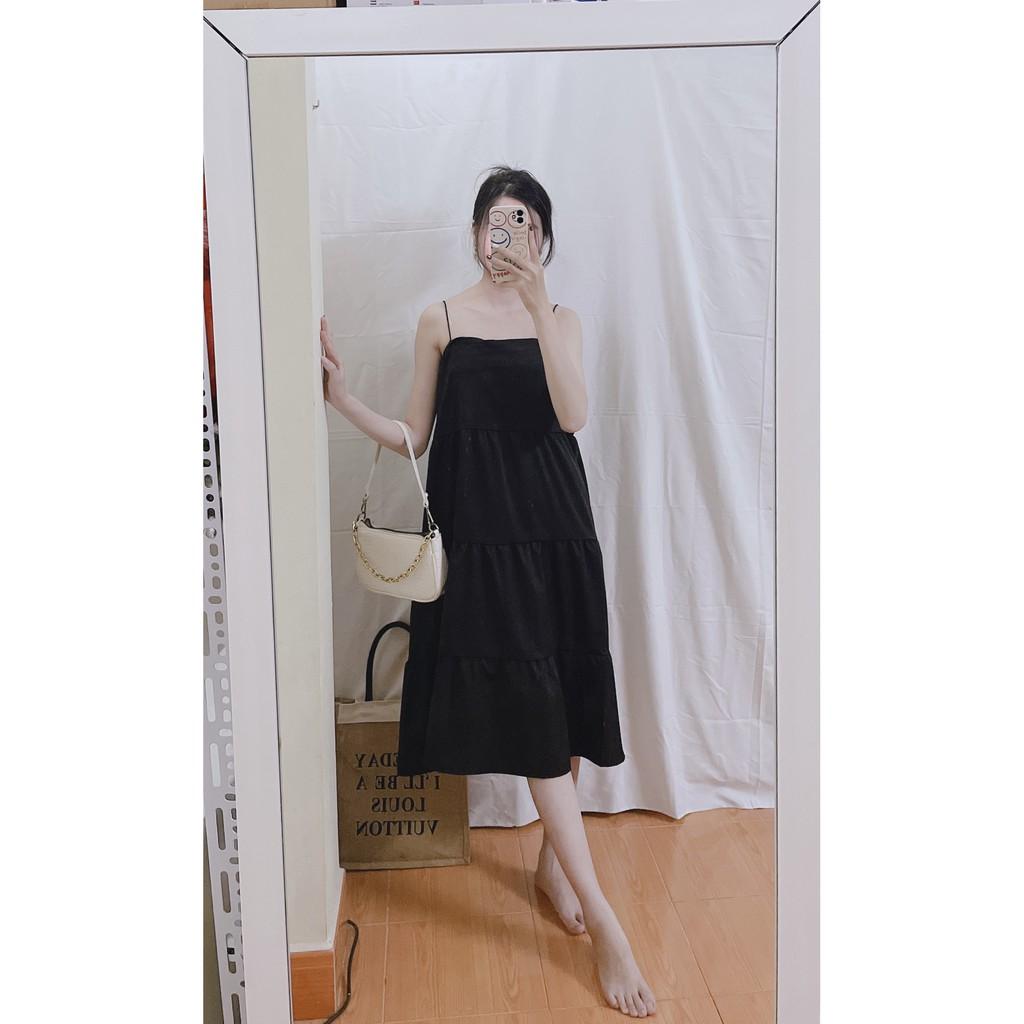 Váy, Đầm Maxi Đen Nữ 2 Dây Bún Hở Lưng Màu Đen