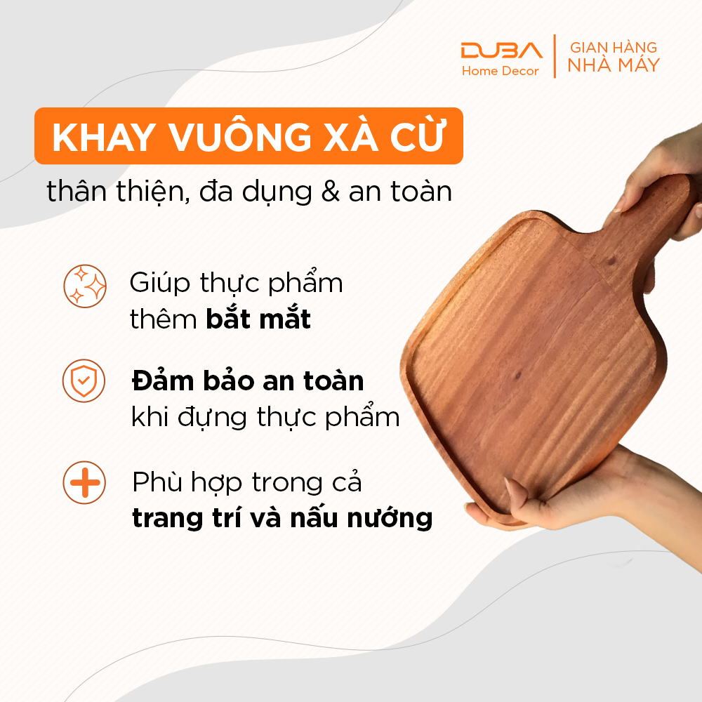 Khay gỗ decor, thớt gỗ trang trí hình vuông có tay cầm màu tự nhiên đạt chuẩn xuất khẩu - DUBA