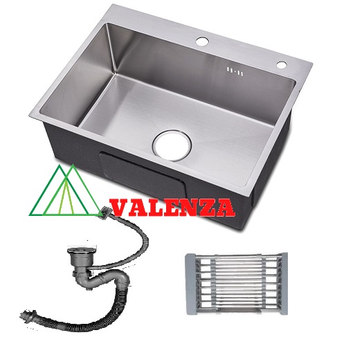 Chậu rửa bát 1 hố Valenza sus304 6045, vòi rửa bát nóng lạnh lò xo cần mềm, xả, rổ, bình xà phòng