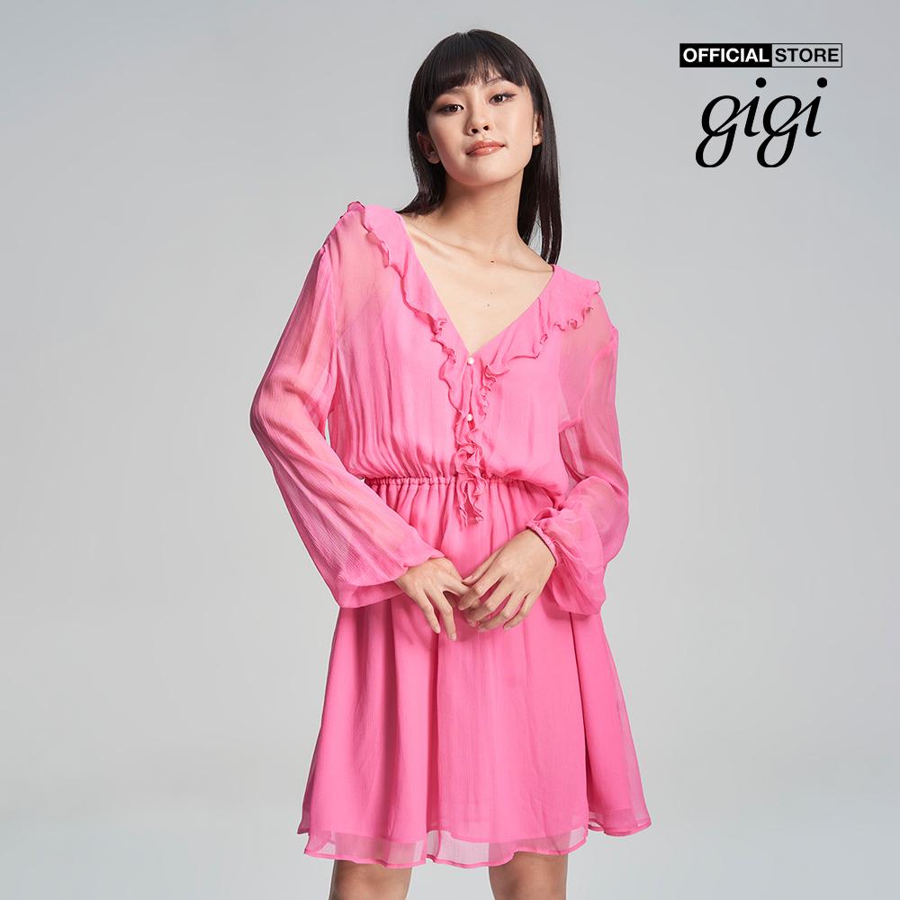 GIGI - Đầm mini tay dài cổ V nhún bèo nữ tính G2101D231132