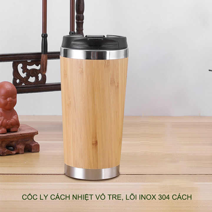 Cốc ly cách nhiệt vỏ tre, lõi inox 304, nắp bật 450ml