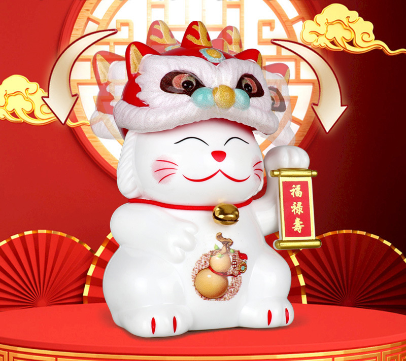 Tượng Mèo Thần Tài Đội Mũ Lân May Mắn, Tài Lộc