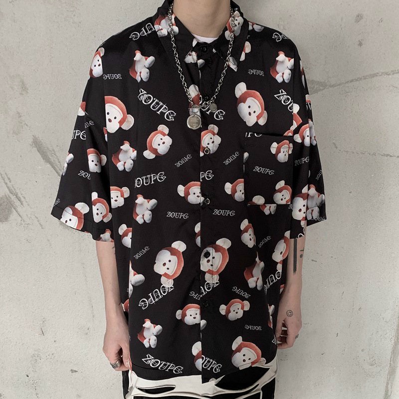 Áo sơ mi nam ngắn tay form rộng họa tiết in hình hoạt hình siêu cute chất vải voan lụa mềm mịn thoáng mát chất đẹp