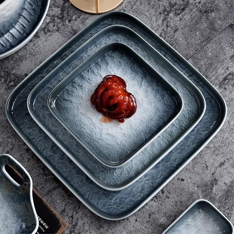Đĩa sứ vuông Vân đá Thạch phong cách Bắc Âu, Đĩa vuông phẳng beef steak ( bít Tết)