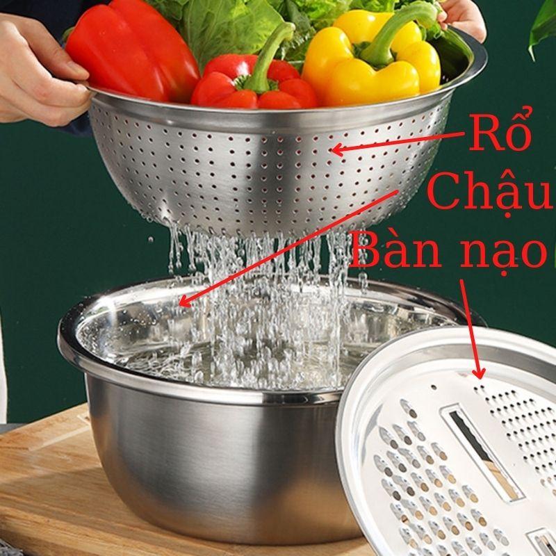 Bộ rổ nạo củ quả inox đa năng nạo sợi dừa kèm chậu và rổ inox size lớn