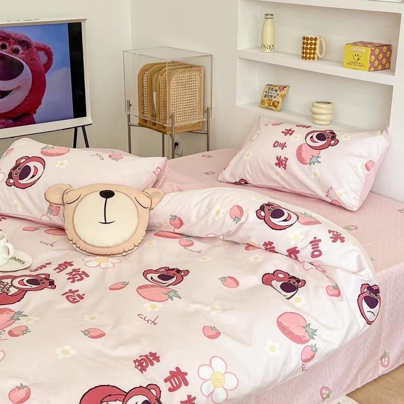 Set Cotton Living Hàng Nhập Khẩu Cao Cấp 4 Món Gấu Hồng