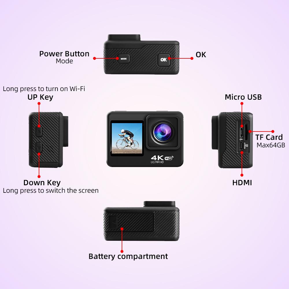 Waywalkers Camera Hành Động AIR 4K 60PFS 1080P 4x Zoom WIFI Mũ Bảo Hiểm Xe Đạp Xe Máy Chống Nước Cam Thể Thao Video Camera Hành Động