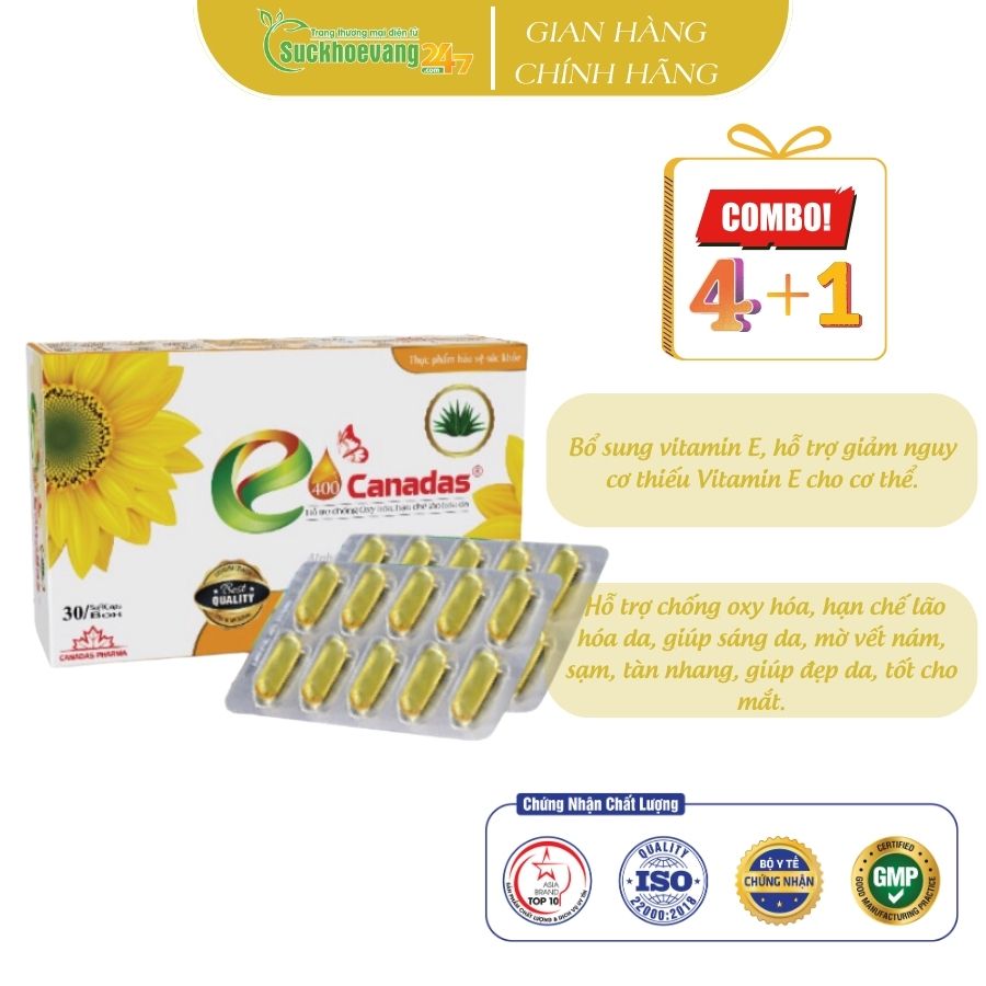 Hình ảnh Viên uống bổ sung vitamin E E400 Canadas hỗ trợ chống oxy hóa, hạn chế lão hóa da, giúp sáng da - Hộp 30 viên