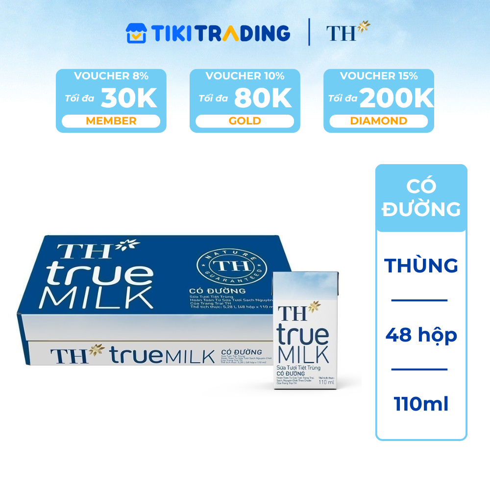 Thùng 48 hộp sữa tươi tiệt trùng TH True Milk  có đường 110ml