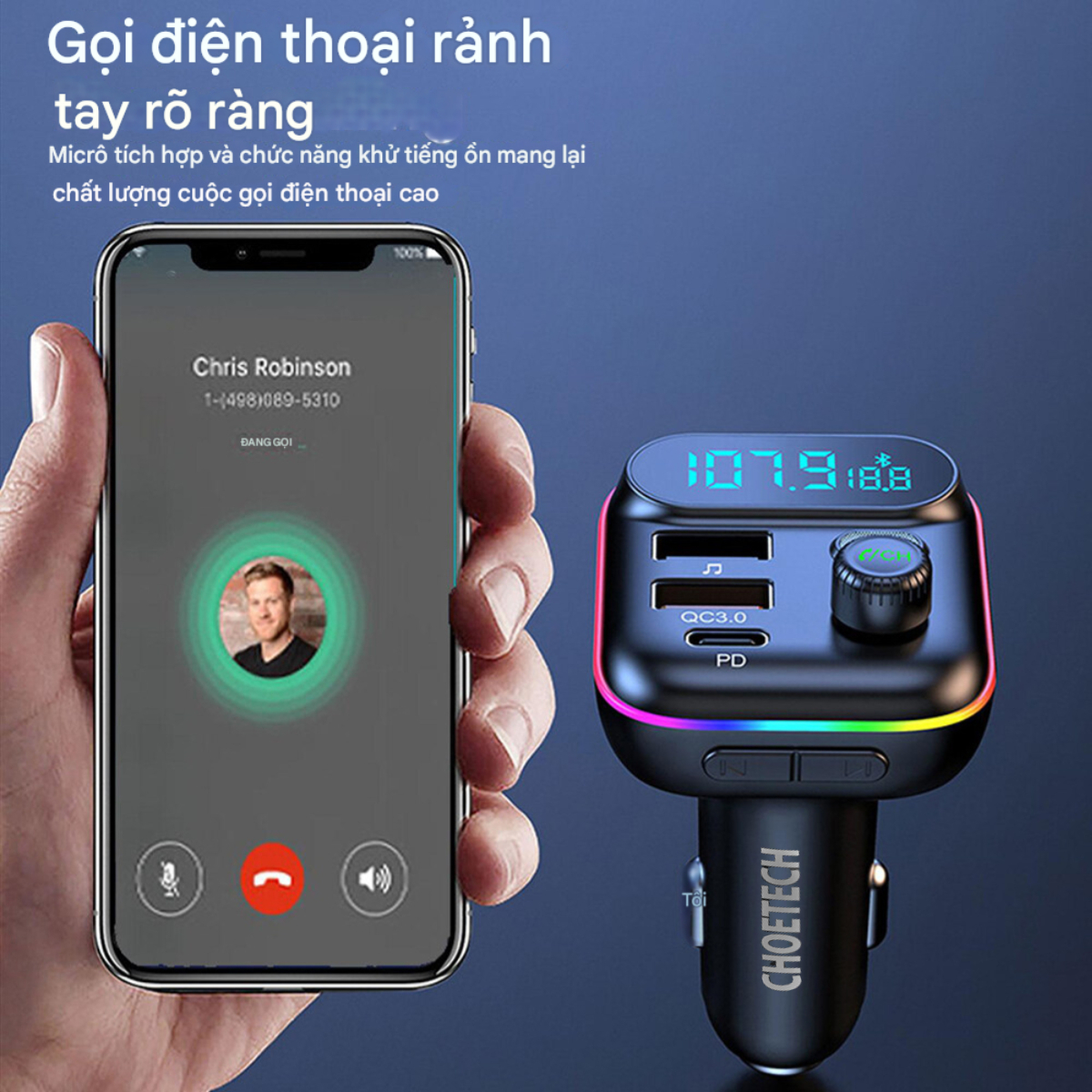 Tẩu sạc ô tô Choetech TC0050 tích hợp Bluetooth phát FM sạc nhanh 36W - Hàng chính hãng