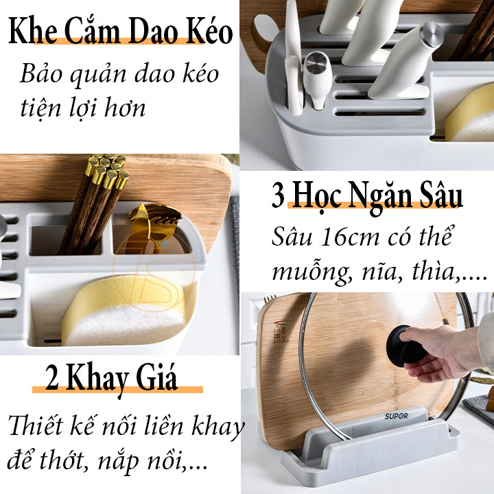 Hộp đựng cắm dao kéo muỗng nĩa để bàn có khay hứng nước kèm giá để thớt và nắp nồi trong nhà bếp