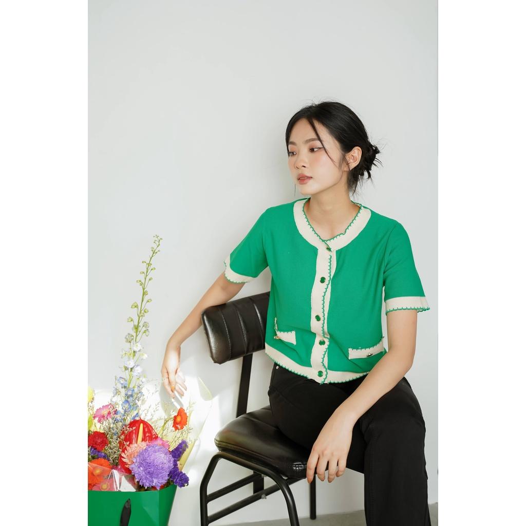 Áo len dệt kim croptop nữ Méo shop tay ngắn dáng rộng cardigan cộc tay có cúc Green