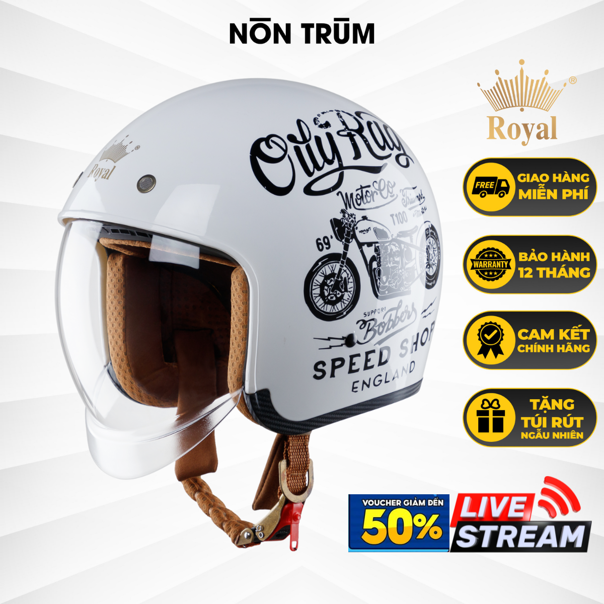 Non Bao Hiêm 34 Royal M139 Co Kinh Âm V5 Trăng - Non Kinh Tra, Xl