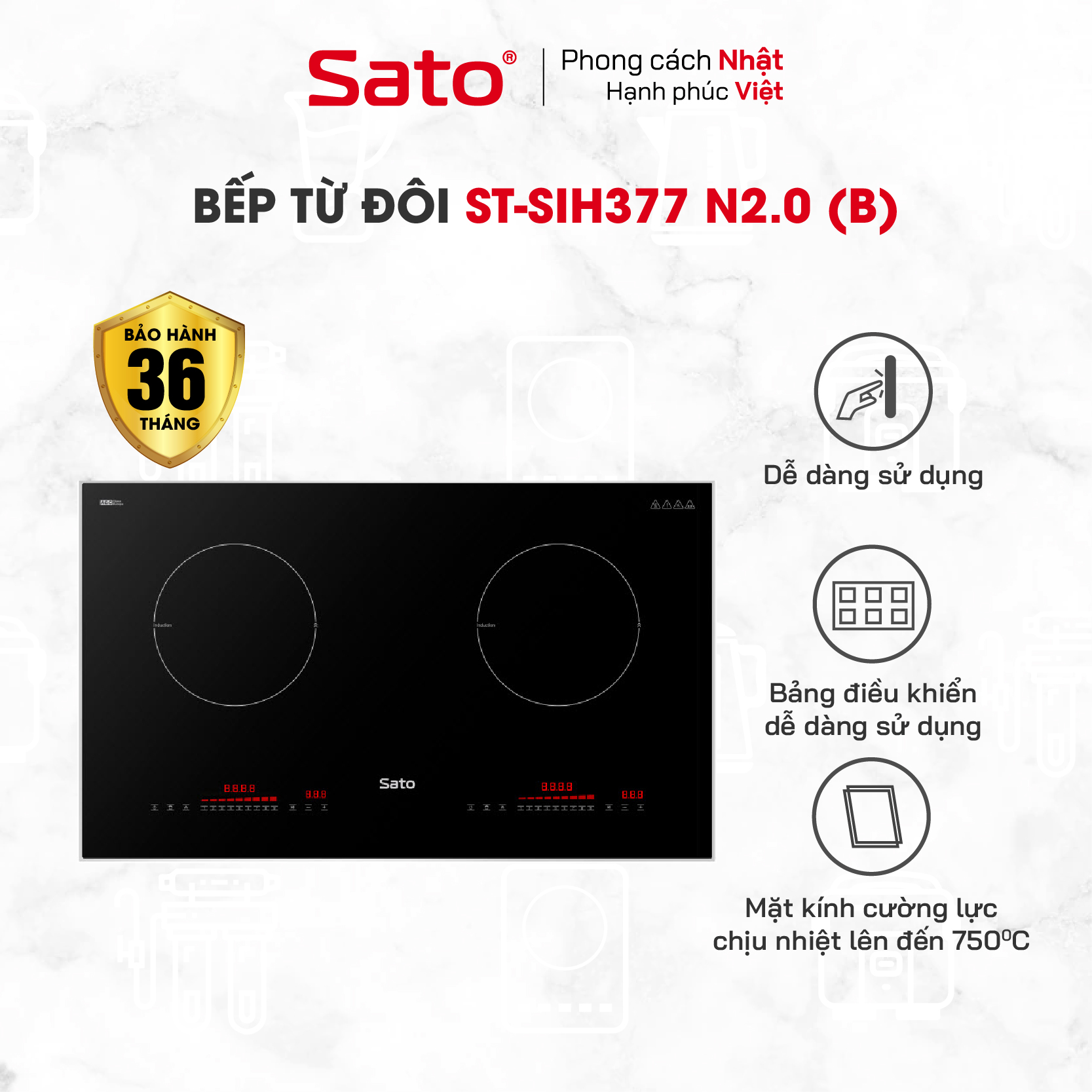 Bếp điện từ thông minh Sato SIH377 N2.0 (B) - Mâm điện từ dùng 100% dây đồng tạo hiệu suất tối đa, tiết kiệm điện năng (Tặng bộ 3 nồi Inox) - Miễn phí vận chuyển toàn quốc - Hàng chính hãng