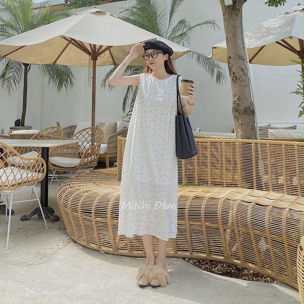Đầm suông form rộng, Đầm trắng sát nách suông dài đi biển Cao Cấp in hoa nhí, vải mát bigsize - MiNhi Fashion