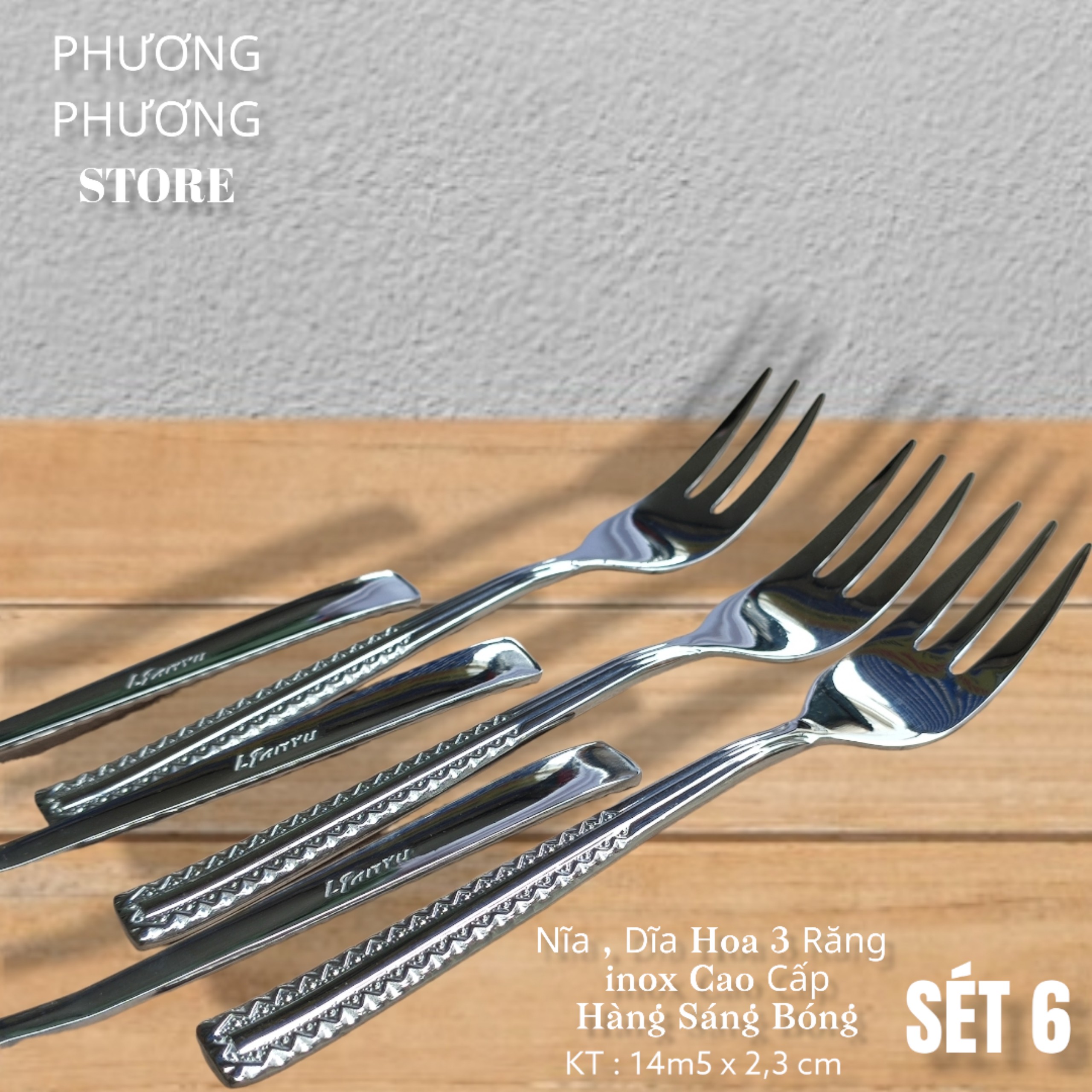 COMBO SÉT 6 NĨA / DĨA 3 RĂNG HOA VĂN CAO CẤP DÀI 14,5 CM HÀNG INOX SÁNG BÓNG XỊN SÒ