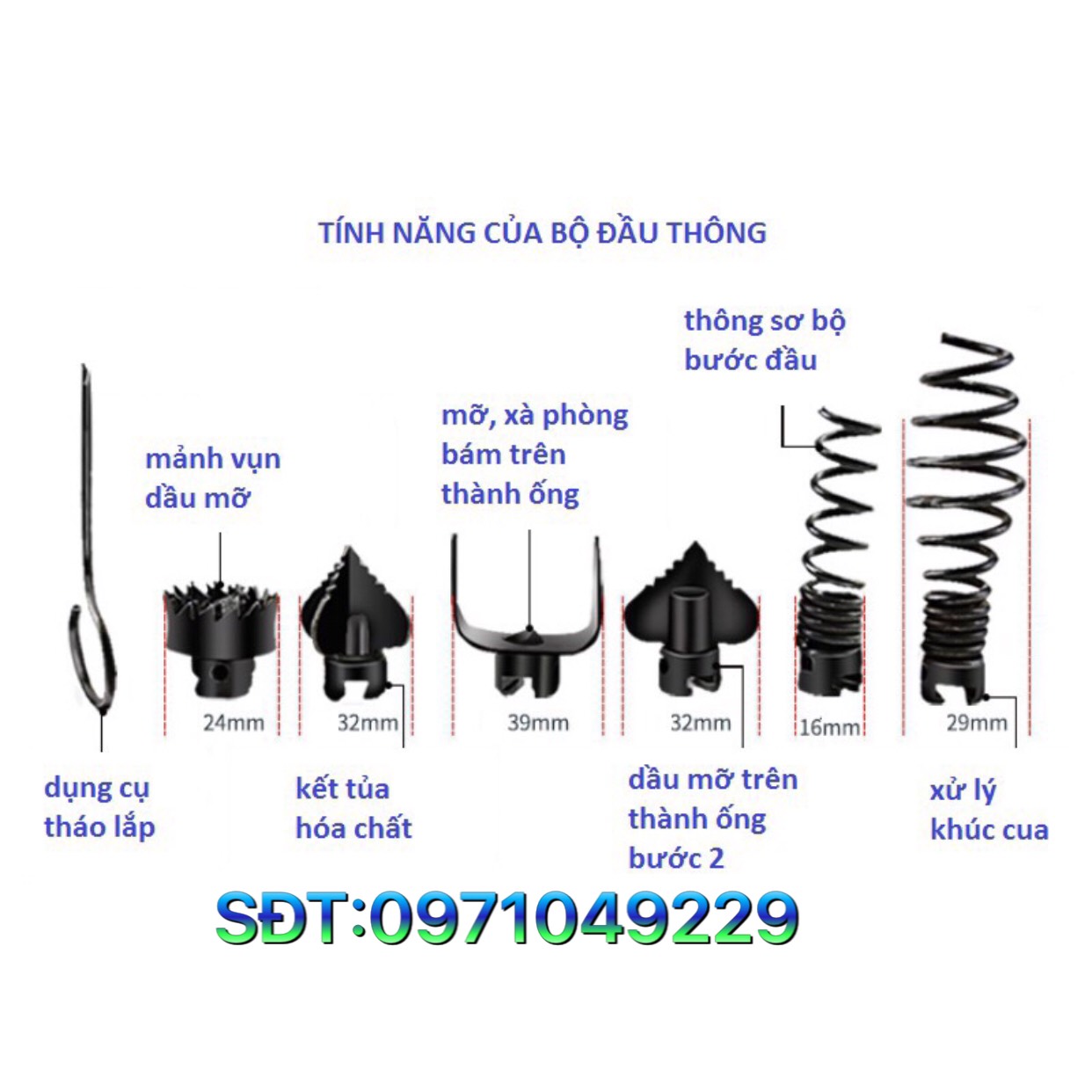 Dây Thông Tắc Cống Phi 16 Dung Tay Quay - dài 21m(gồm 1 tay quay + 21m dây+ bộ 6 đầu thông+ 1đầu kết nối máy khoan )