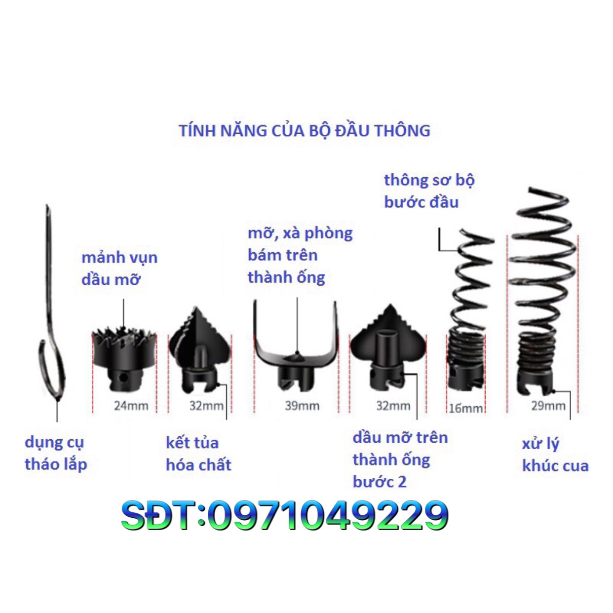 Dây thông tắc cống, đường ống đường kính 16mm dùng cho máy khoan dài 15m
