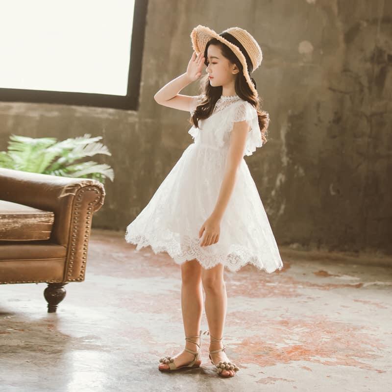 Váy công chúa ren trắng ngắn tay cho bé gái V129 - Đầm công chúa xinh cho bé gái