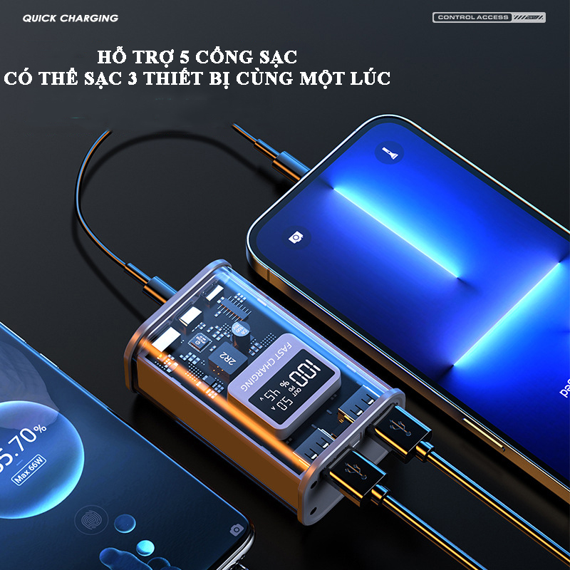 Sạc dự phòng trong suốt Fast Charging 10000mA công suất 22.5W tích hợp màn hình led thông minh quản lý dung lượng pin hỗ trợ 5 cổng sạc