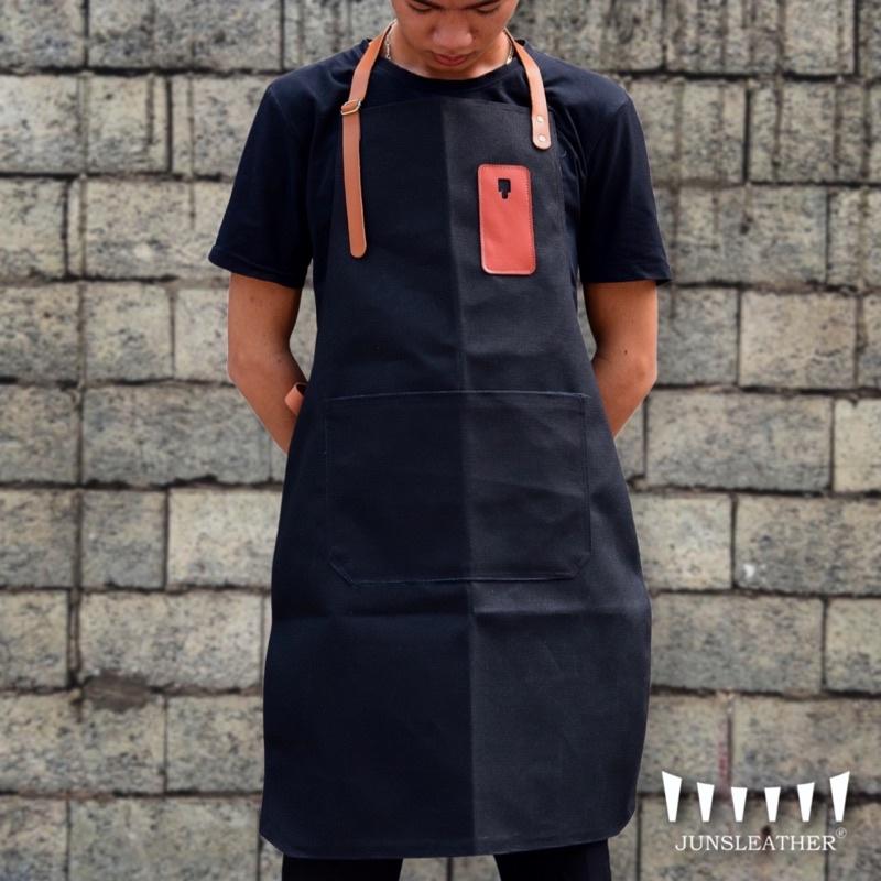 Tạp dề pha chế vải canvas dây da của Junsleather phối da bò cao cấp dành cho Barista/Bartender quán cà phê