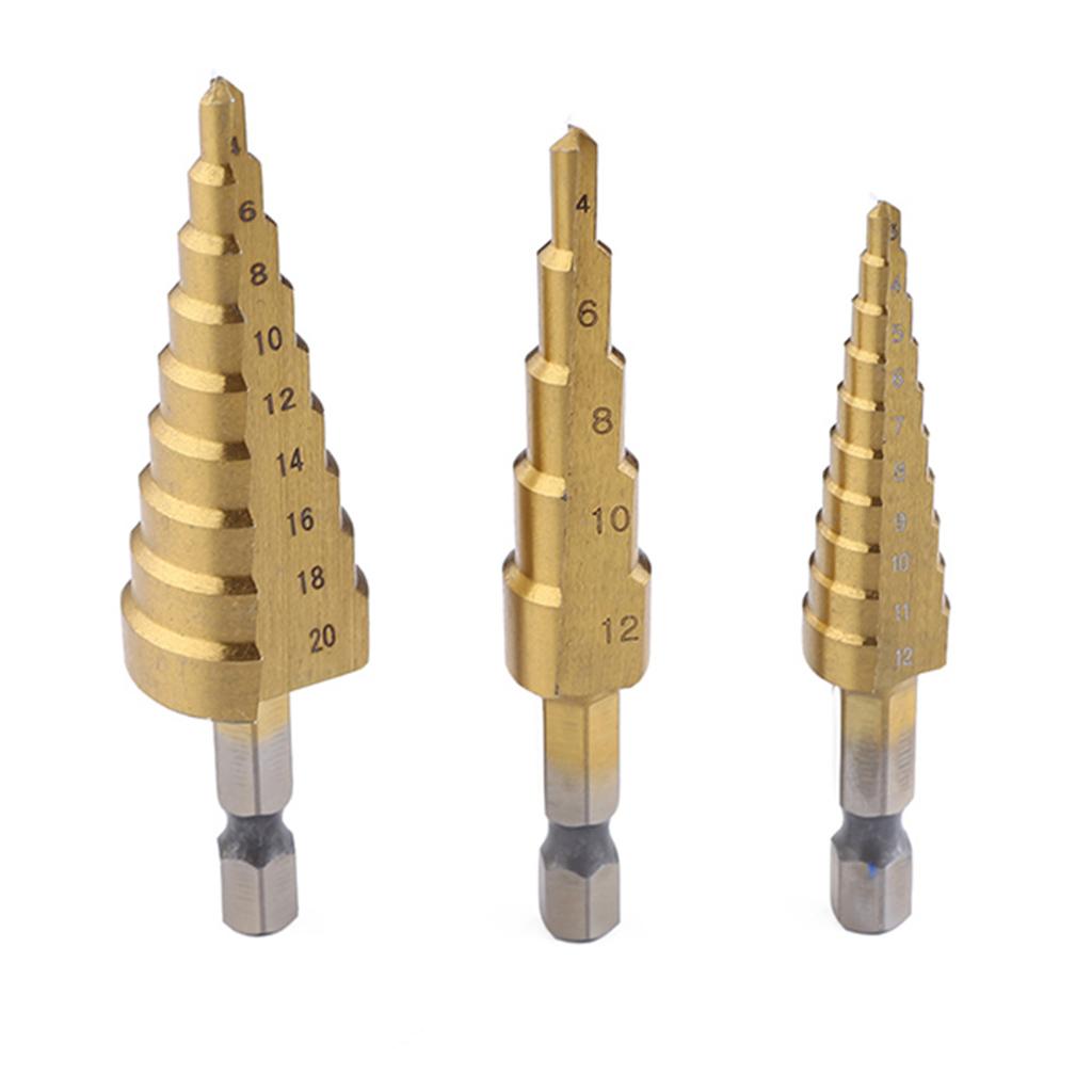 3pcs Step Titanium Cone Drill Hole Cutter Bit Set Tool Triangular Shank Set