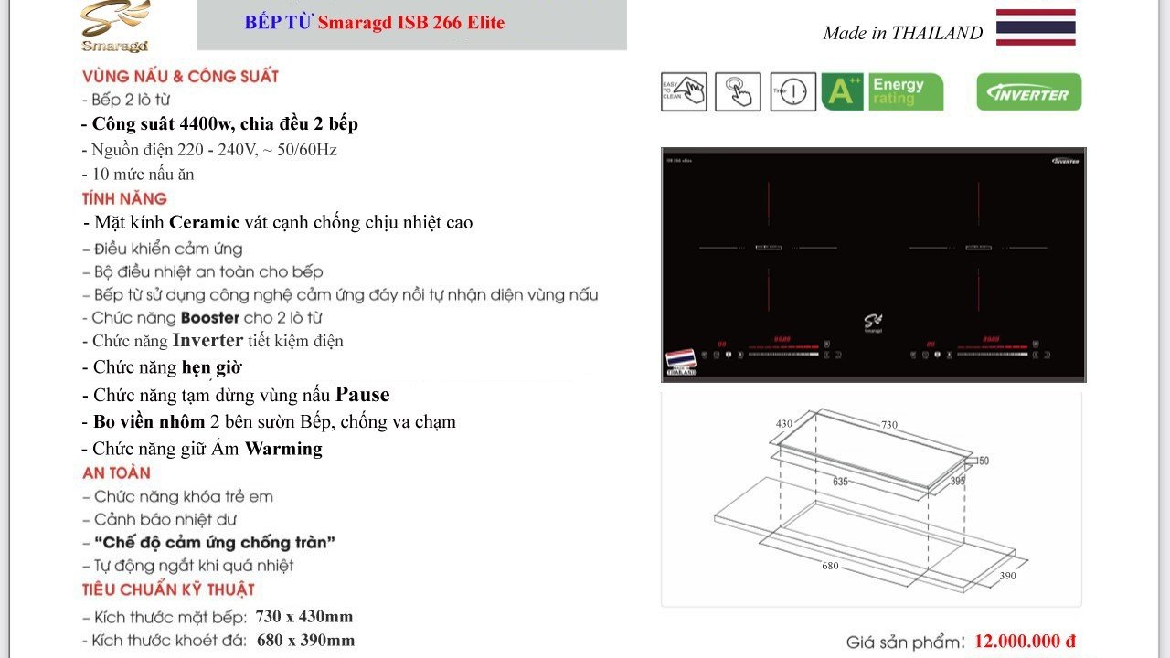 BẾP TỪ SMARAGD ISB-266 ELITE – 2 VÙNG NẤU – NHẬP  KHẨU NGUYÊN CHIẾC TỪ THÁI LAN( Hàng chính hãng)