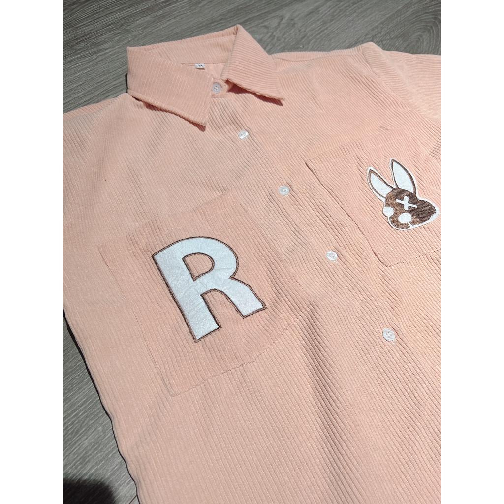 Áo sơ mi nhung gân thỏ hồng khoác ngoài form rộng tay lỡ unisex nam nữ - SHOP MAYLAN