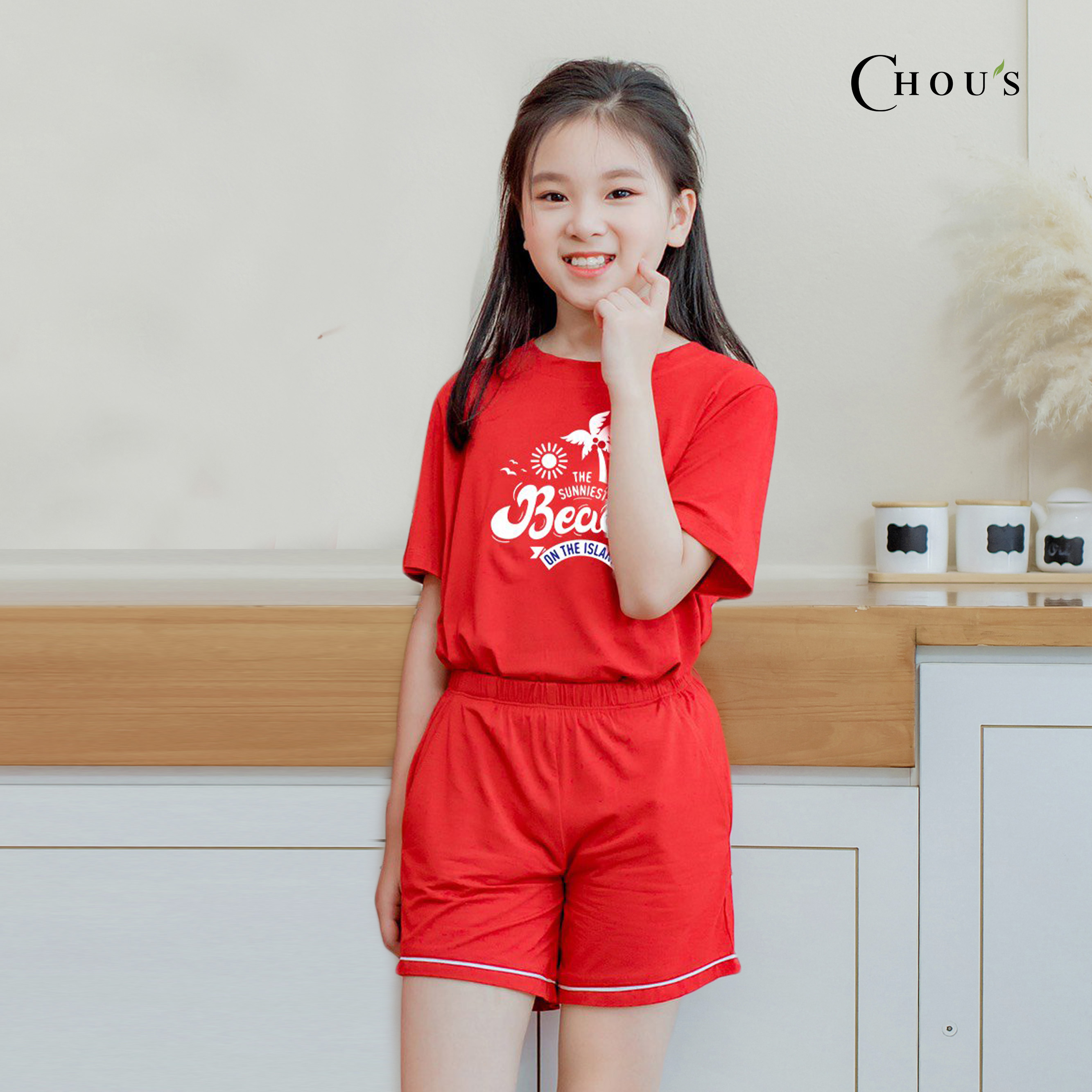 Bộ cộc tay chui cổ trẻ em vải bamboo cao cấp Chou's - Màu đỏ đô