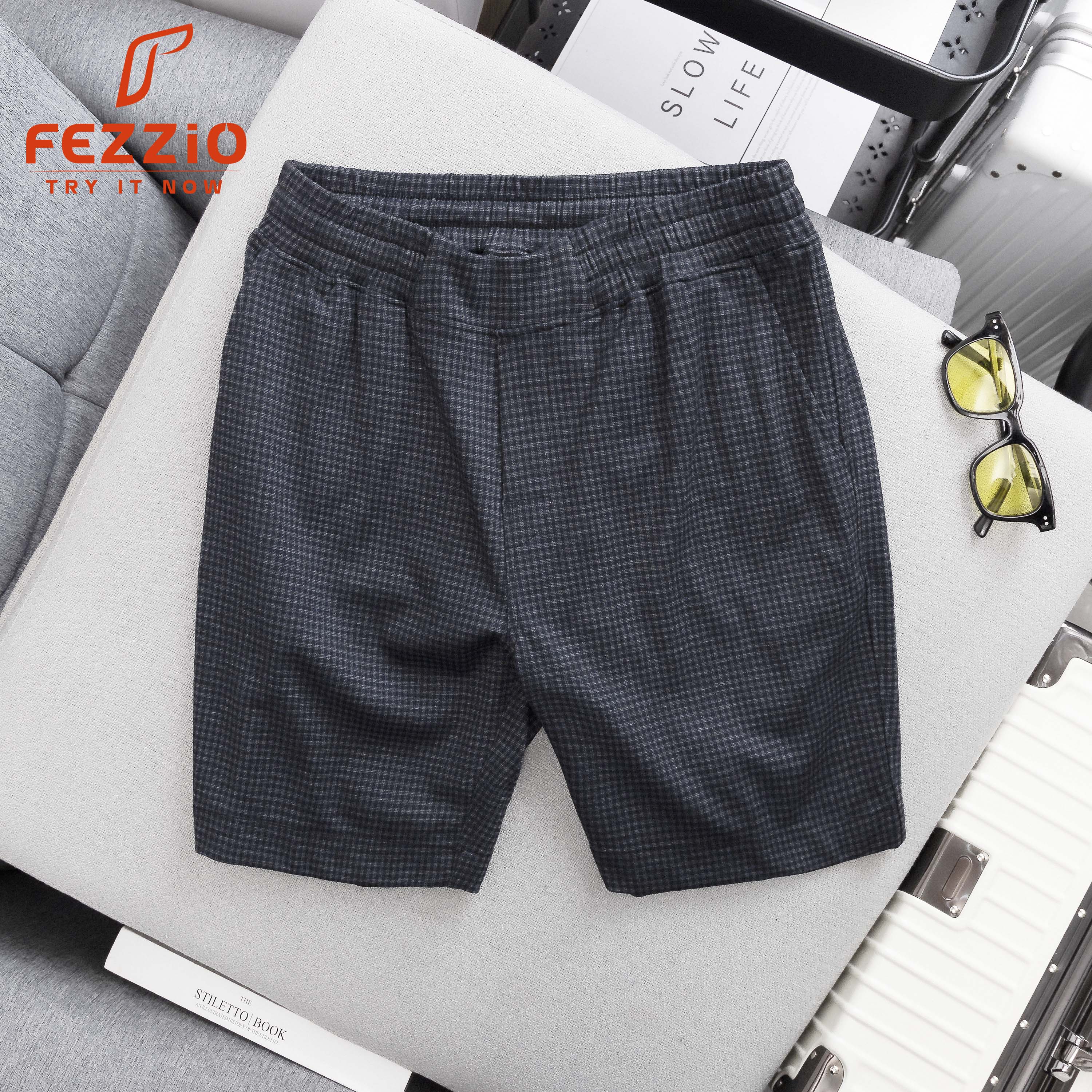 QUẦN SHORT CHẤT KAKI CARO CO GIÃN MỀM TRÊN GỐI  CHÍNH HÃNG FEZZIO - ĐEN HỌA TIẾT - 3XL