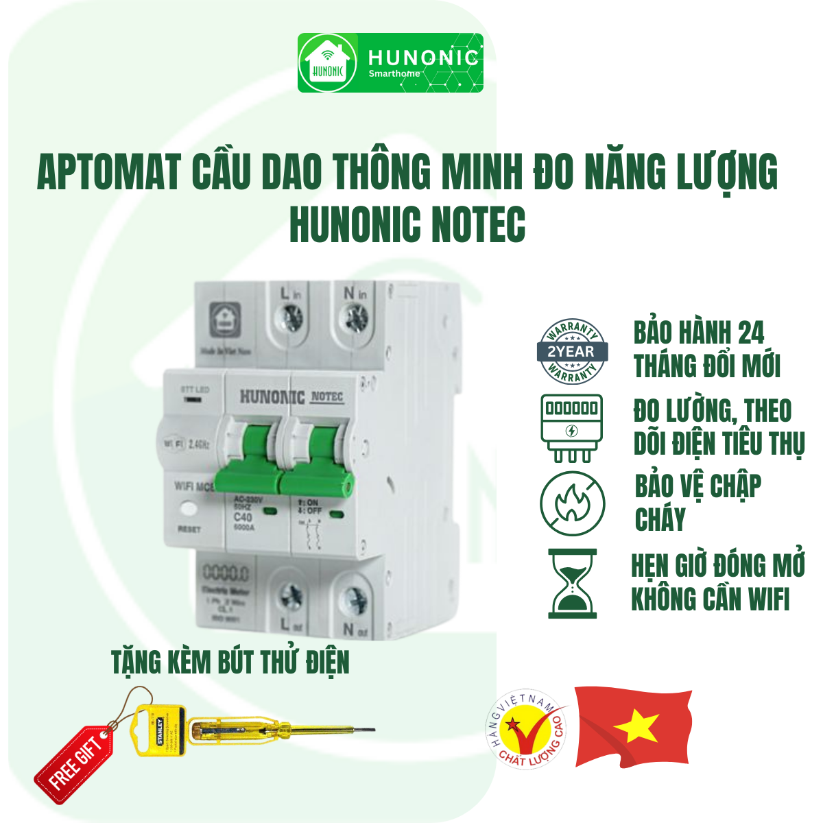 Aptomat Đo Năng Lượng Hunonic Notec Theo Dõi Lượng Điện Tiêu Thụ Điều Khiển Từ Xa Qua Wifi Hàng Việt Nam Chất Lượng Cao.