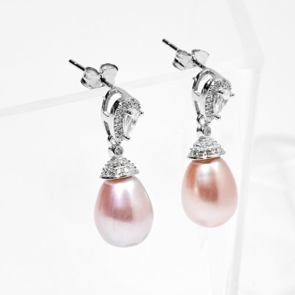 Hoa Tai Ngọc Trai Hồng Tím Giọt Lệ 12MM Bạc Ý