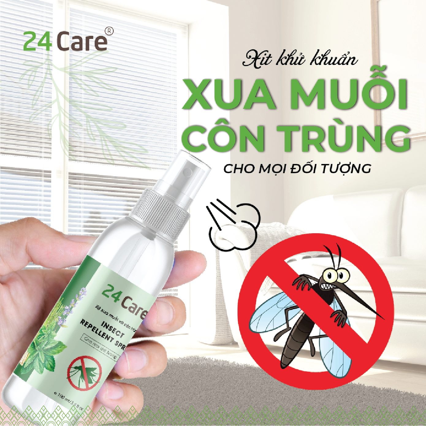 Xịt Phòng Tinh Dầu Hữu Cơ Organic 24Care - Kháng khuẩn - Khử mùi hôi - Đuổi muỗi, kiến ba khoan - côn trùng - Hương thơm thư giãn. 