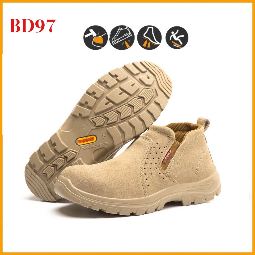 Giày Bảo Hộ Không Dây BD97 Chống Đinh, Chống Dập Ngón, Chống Trơn Trượt Bằng Da Bò Lộn, Giày Công Trình