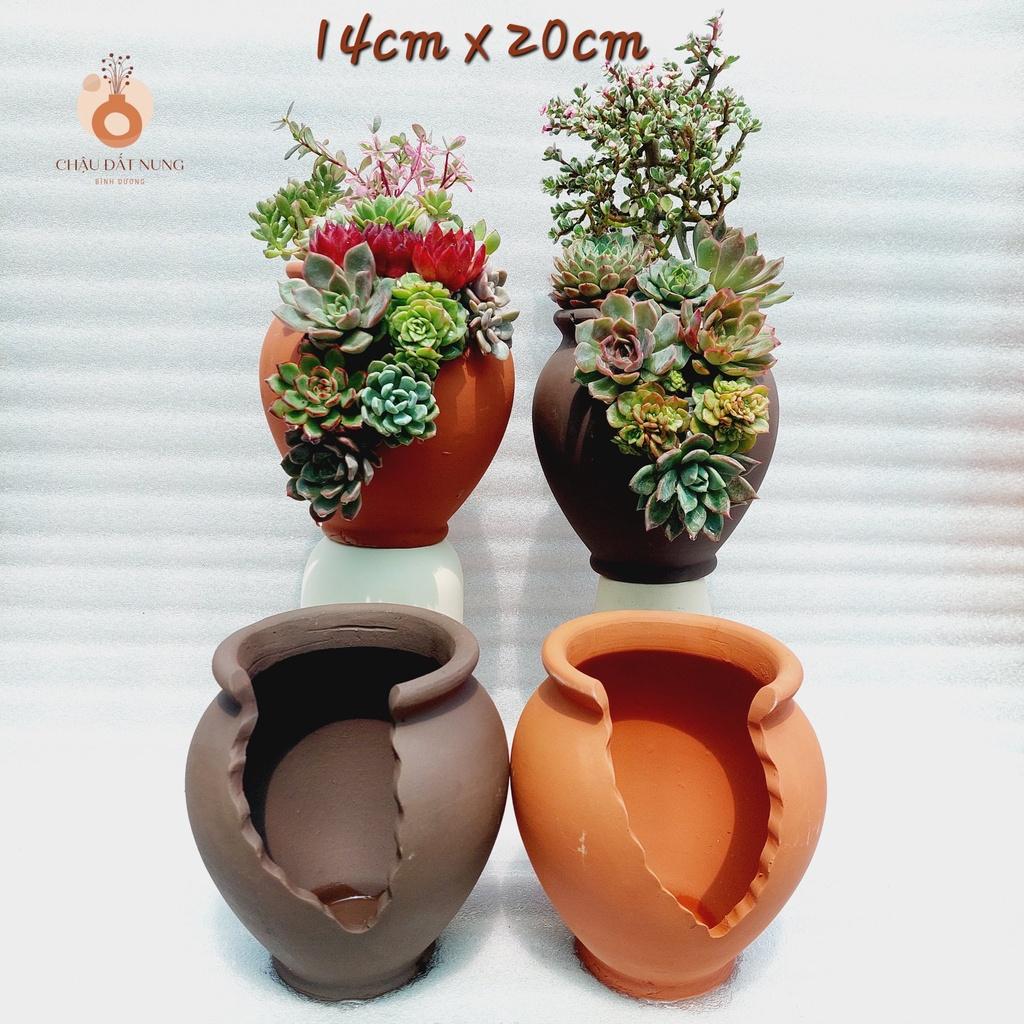 Chậu đất nung Bình Dương - Chum cao cắt vân mây, miệng chậu 14cm, chiều cao 20cm