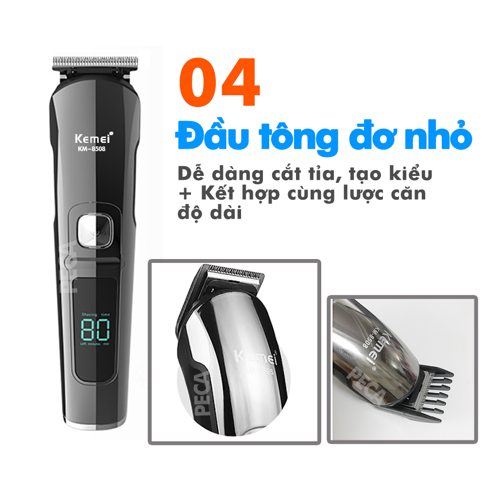 Tông đơ cắt tóc đa năng 11in1 Kemei KM-8508 nhiều đầu thay thế dùng cắt tóc, chấn viền, cạo râu, cạo lông, tỉa lông mũi, cạo chân mày,...có màn hình LED hiển thị điều chỉnh 2 mức tốc độ sạc nhanh 2h