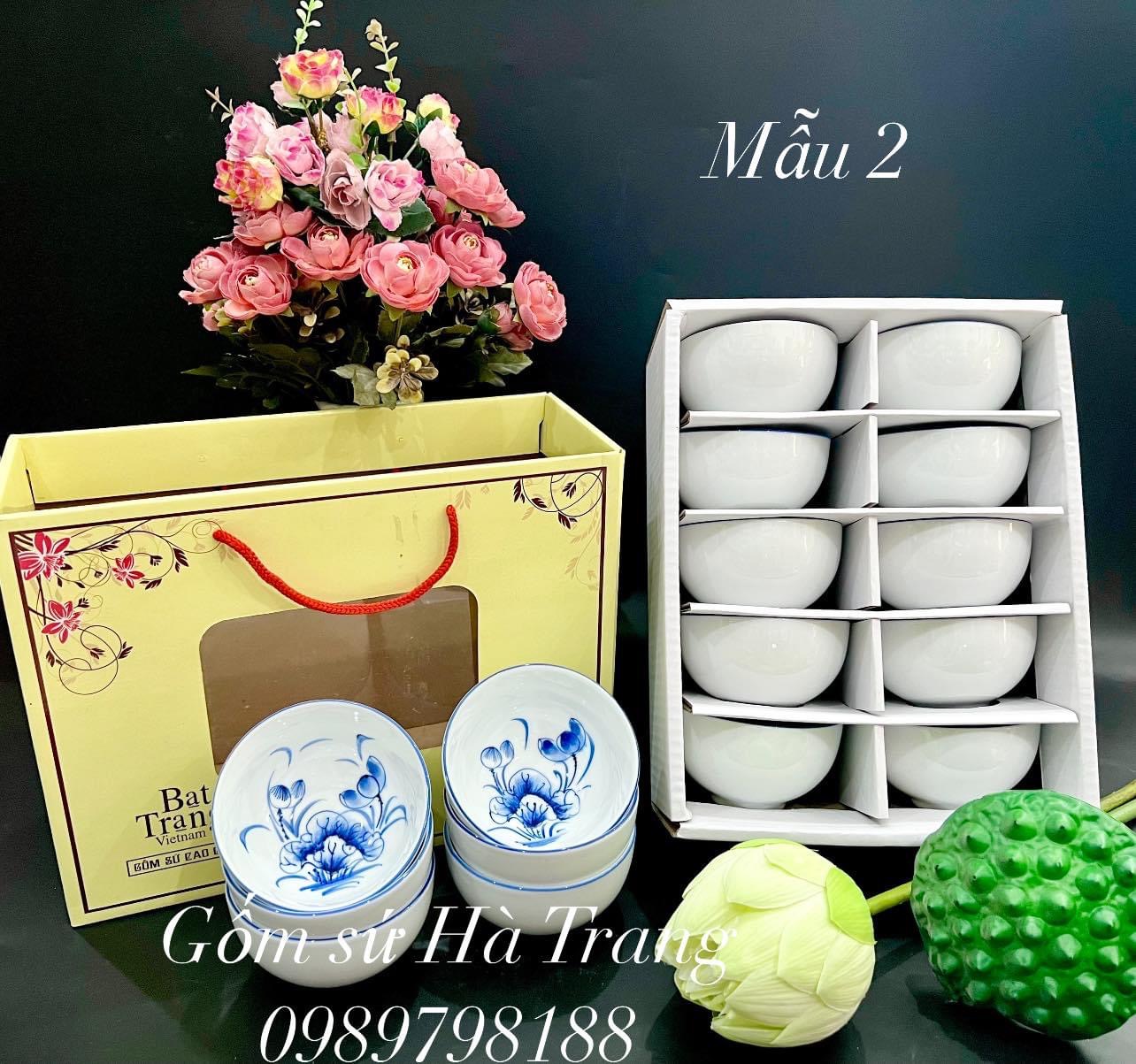 Combo 10 bát cơm quà tặng gốm sứ Bát Tràng cao cấp vẽ sen phú quý mẫu 2