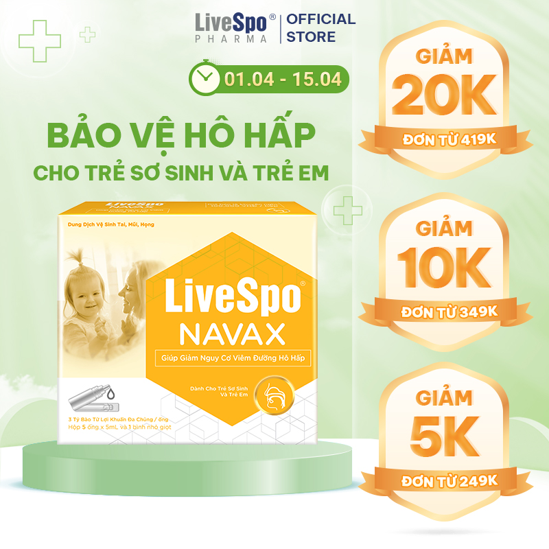 Nước muối sinh lý chứa bào tử lợi khuẩn LiveSpo Navax Kids - Dành cho trẻ sơ sinh và trẻ em 5 ống x 5ml