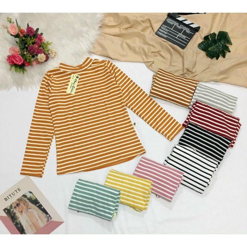 Áo thun nữ cổ lọ tay dài, Áo thun cổ cao tay dài sọc ngang