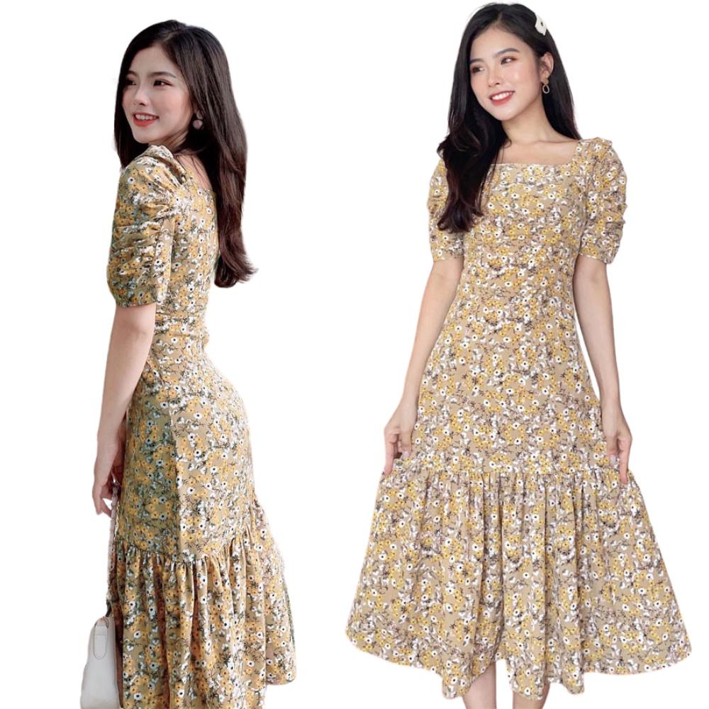 Đầm Váy Nữ Midi Cổ Vuông Hoa Nhí - QA00159