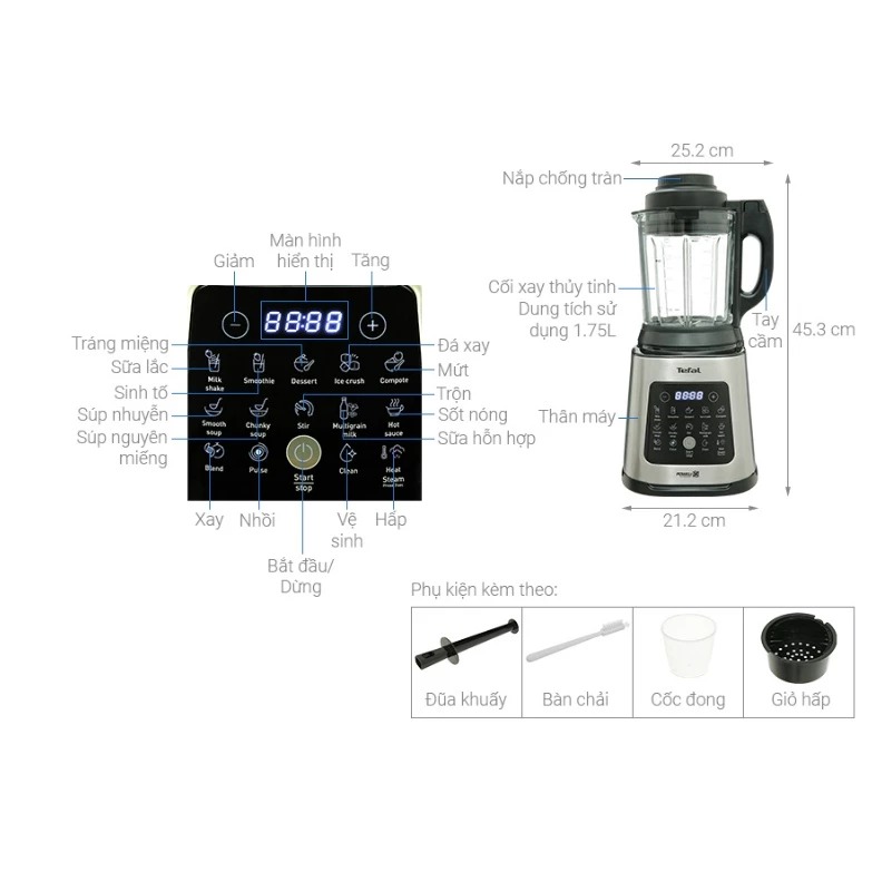 Máy làm sữa hạt, xay sinh tố, nấu đa năng Tefal Perfectmix Cook BL83SD66 1400W - Hàng nhập khẩu, bảo hành 24 tháng