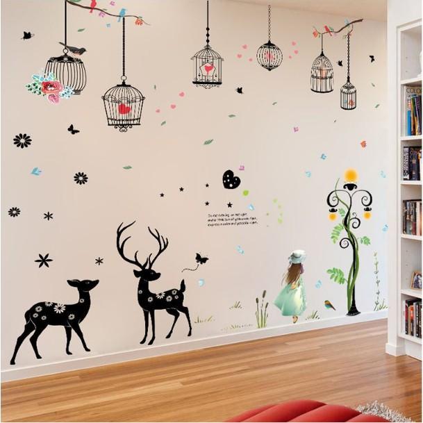 COMBO 3 DECAL GHÉP ĐÔI DÁN TƯỜNG - DÂY LỒNG CHIM KẾT HỢP CẶP NAI ĐEN VÀ BÉ GÁI ĐÁNG YÊU
