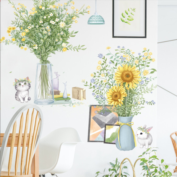 Decal trang trí tường - Bình hoa cỏ dại và hoa hướng dương