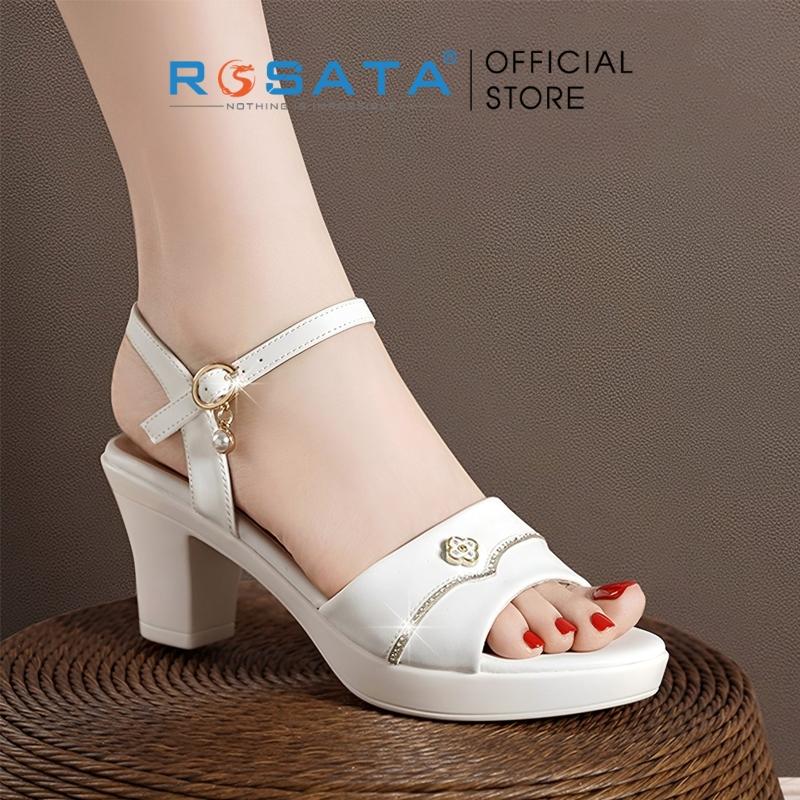 Giày sandal cao gót nữ ROSATA RO580 xỏ ngón mũi tròn quai hậu cài khóa gót cao 7cm xuất xứ Việt Nam - Đen